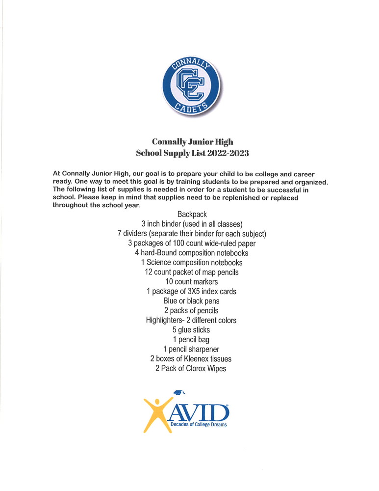 CJH 2022/2023 School Supplies List