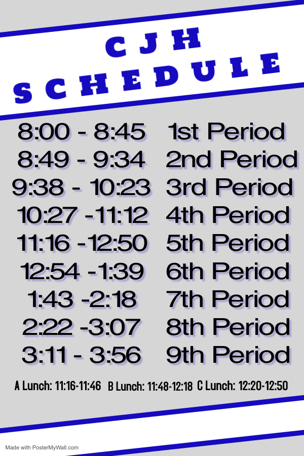 Connally Junior High Bell Schedule 1st 8:00-8:45 2nd 8:49-9:34 3rd 9:38-10:23 4th 10:27-11:12 5th 11:16-12:50 6th 12:54-1:39 WIN 1:43-2:18 7th 2:22-3:07 8th 3:11-3:56    A Lunch: 11:16- 11:46   B: Lunch: 11:48-12:18   C Lunch: 12:20-12:50