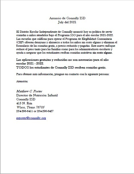 Community Eligibility Program Notice, Spanish