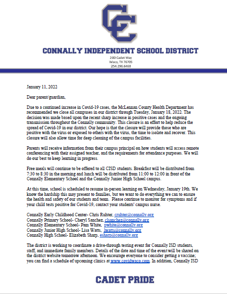 District Closure Letter (1/11/2022), Page 1