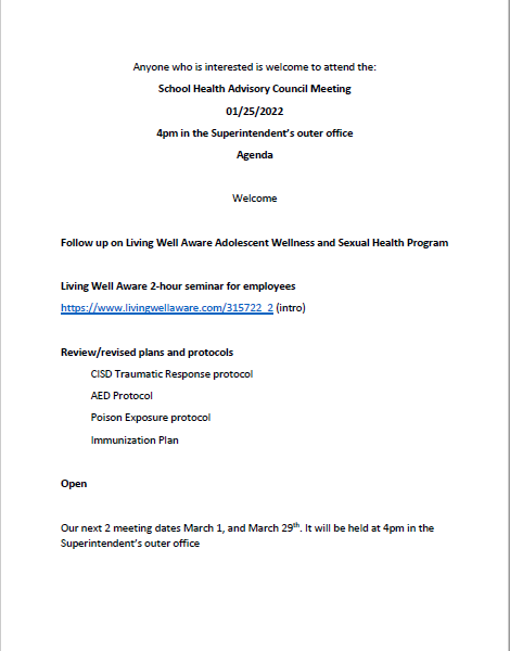 School Health Advisory Council Meeting Agenda 01/25/22